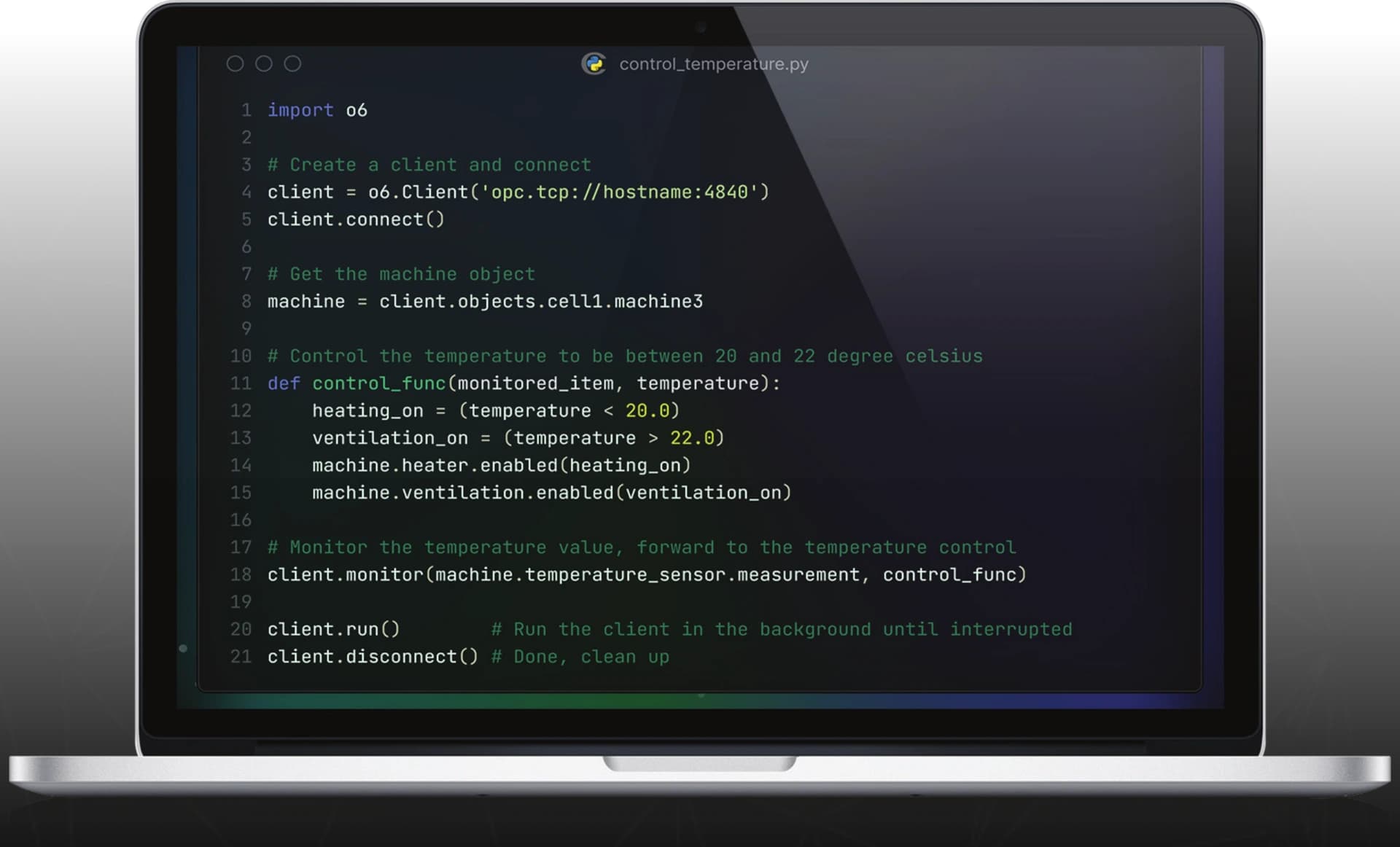 Code Python utilisant le SDK o6 pour connecter un client OPC UA et surveiller la température d’une machine